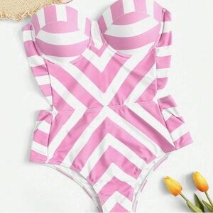 Pink Preppy Womens Chevron Print Bustier Bandeau One Piece Swimsuit